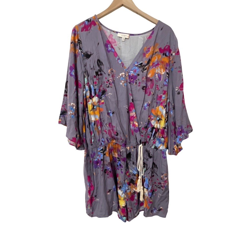 Umgee Floral Romper 2XL Purple Boho Kimono Sleeve Surplice V-Neck Pockets